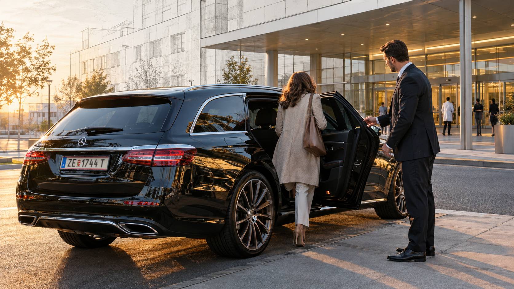 AI-visualized concept image of a woman entering a Mercedes taxi, for airport transfer service from Zell am See to Salzburg Airport.